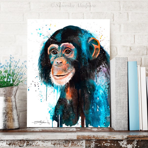 Baby Chimp Chimpanzee watercolor painting print by Slaveika Aladjova, art, animal, home decor, wall art, gift,portrait, Contemporary, monkey