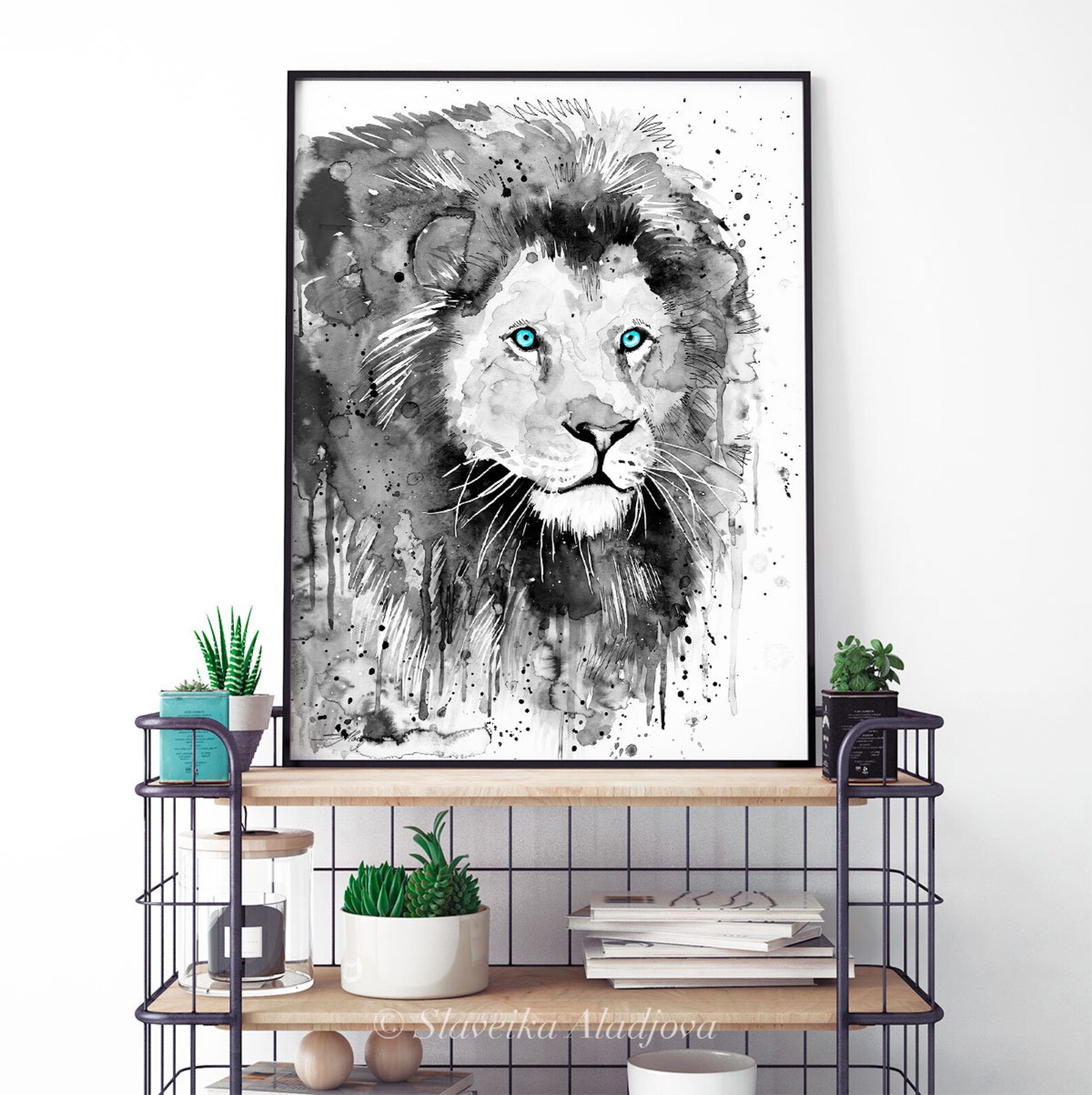 Black and White Lion Watercolor Painting Print by Slaveika Aladjova ...