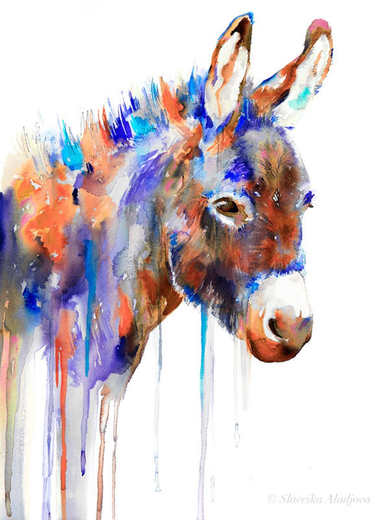 Purple Donkey Watercolor Painting Print by Slaveika Aladjova, Animal ...