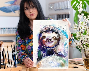 May include: A watercolour painting of a sloth with a colourful background. The sloth is smiling and has a fluffy white coat. The painting is on a white background.