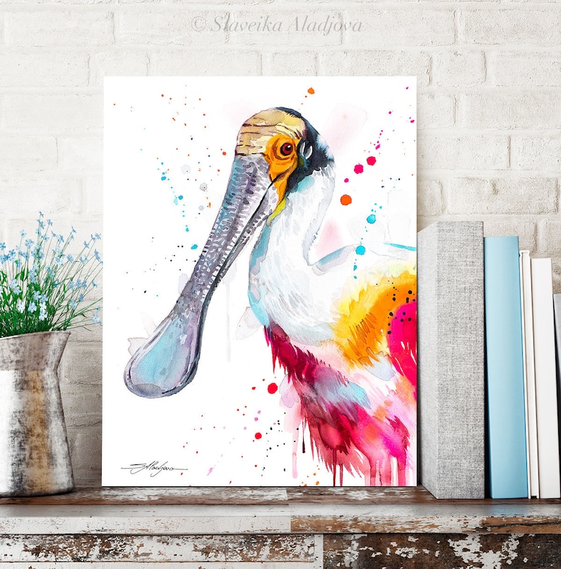 Roseate spoonbill watercolor painting print by Slaveika Aladjova, animal art, illustration, bird, home decor, wall art, portrait, gift image 1