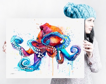 Octopus watercolor painting print by Slaveika Aladjova, art, animal, illustration, Sea art, sea life art, home decor, extra large print