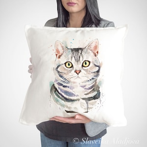 Funda de cojín para gatos American Shorthair, cojín, funda decorativa para cojín, idea de regalo para amantes de los animales, almohada de acuarela, estampado lindo, arte para gatos