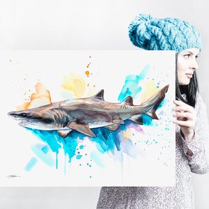 Sand tiger shark watercolor painting print by Slaveika Aladjova, art, animal, illustration, Sea art, sea life art, home decor, Wall art