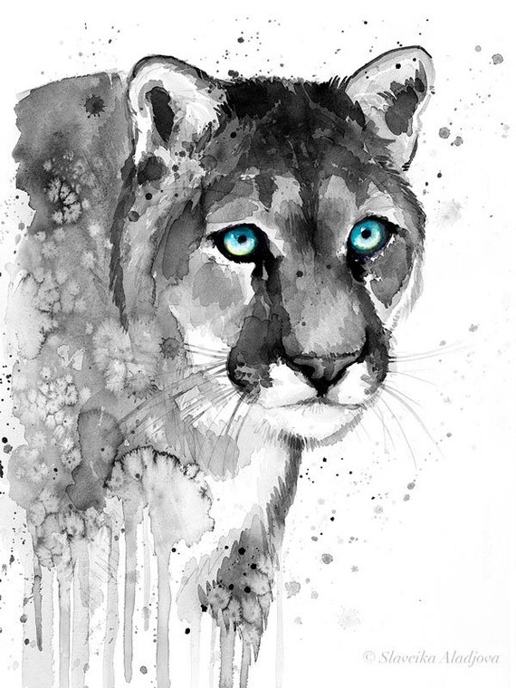 Incitar A bordo puesta de sol Negro y blanco Puma acuarela pintura impresión por Slaveika - Etsy México