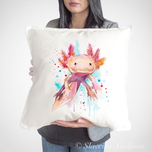 Funda de cojín Axolotl, almohada de tiro, Funda de cojín decorativo, Idea de regalo para amantes de los animales, Almohada de acuarela, Estampado lindo, Estampado de decoración de granja