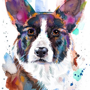 Op de afbeelding: Waterverf schilderij van een Cardigan Welsh Corgi hond met een witte en zwarte vacht. De oren van de hond staan ​​recht en zijn ogen zijn bruin. De achtergrond is een kleurrijk abstract ontwerp met spatten van blauw, groen en roze.