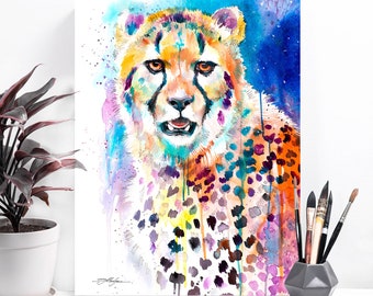 Cheetah watercolor painting print by Slaveika Aladjova, animal, illustration, home decor, wall art, gift, portrait, Contemporary, big cat