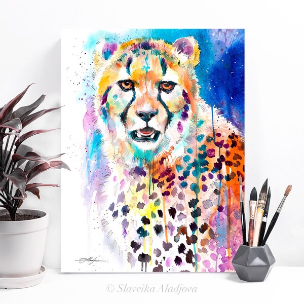 Cheetah watercolor painting print by Slaveika Aladjova, animal, illustration, home decor, wall art, gift, portrait, Contemporary, big cat