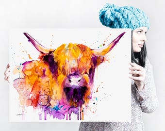May include: Watercolour painting of a Highland cow with orange, purple and yellow hues. The cow's face is the main focus of the painting, with its horns and fur visible. The background is white with splashes of colour.