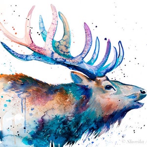 Red Deer Watercolor Painting Print by Slaveika Aladjova, Art, Extra ...