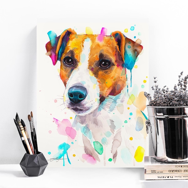Jack Russel Terrier Hund Limited Edition Aquarell Kunstdruck von Slaveika Aladjova, Tier, Illustration, Wohndeko, Kinderzimmer, Zeitgenössisch,