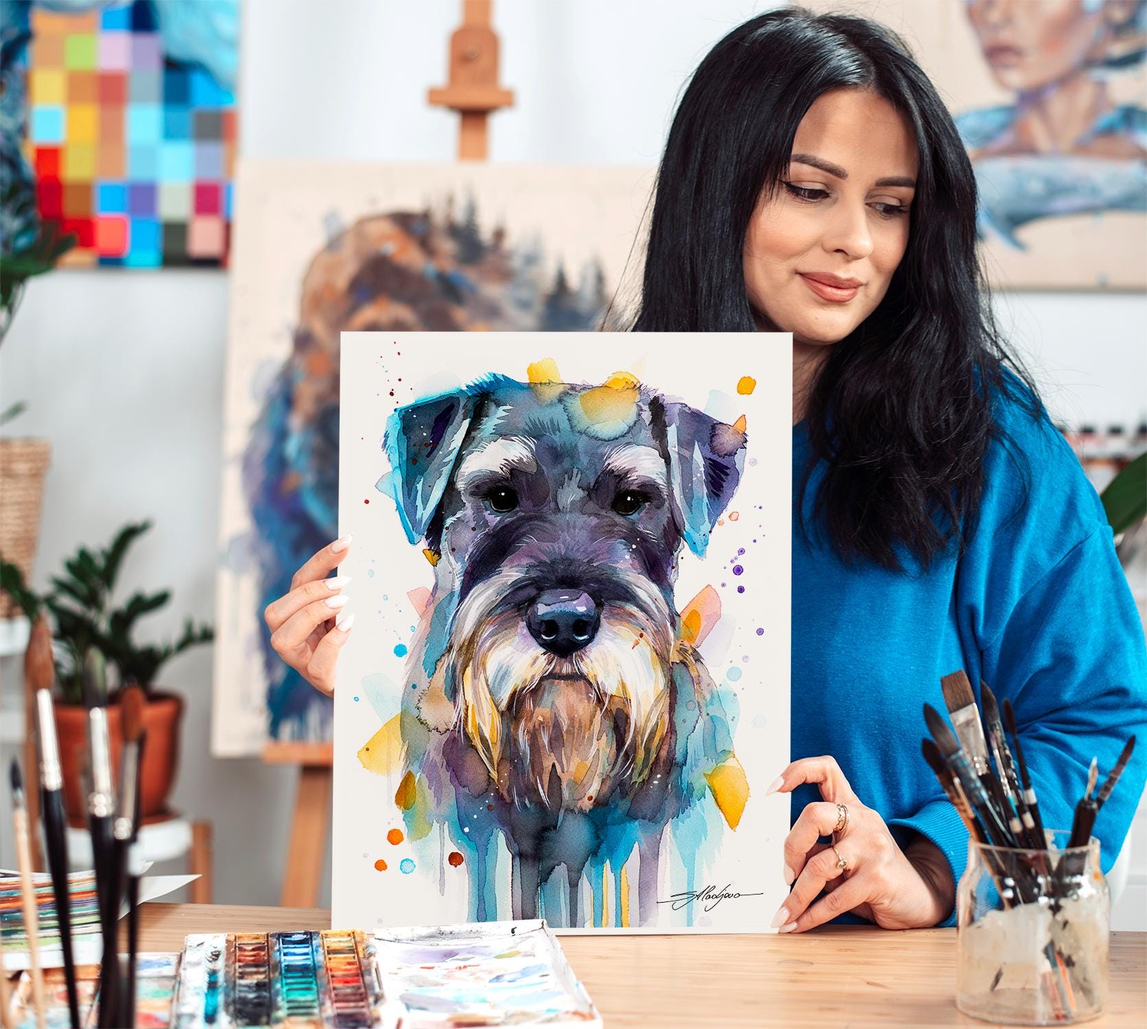 スラヴェイカ・アラジョヴァ作「シュナウザー」限定版水彩画アート