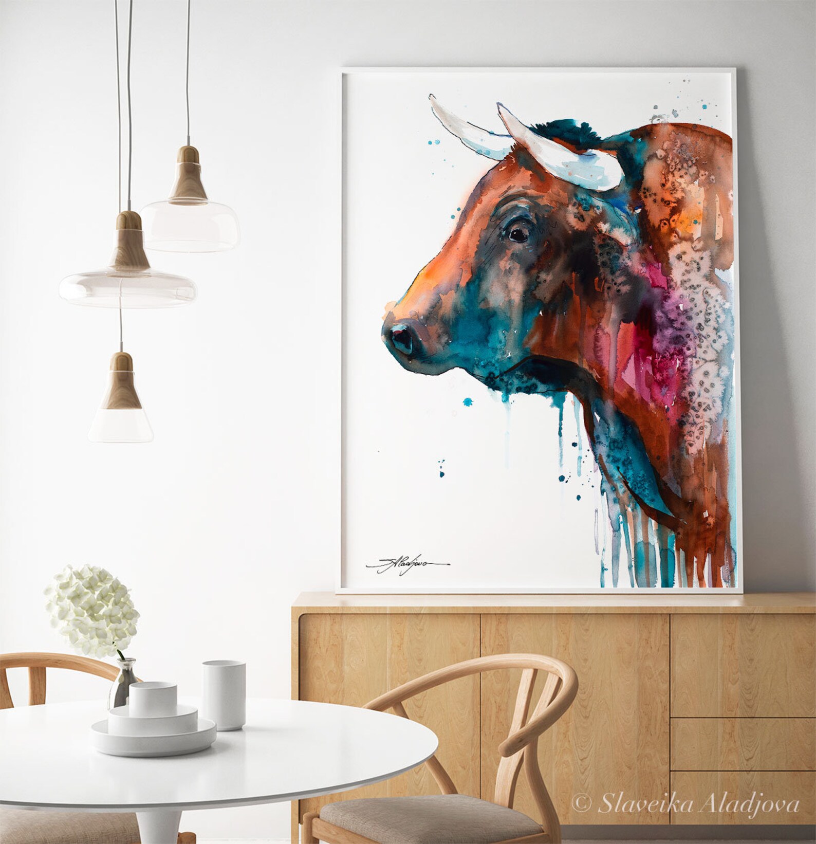 Brown Bull Watercolor Painting Print by Slaveika Aladjova, Art, Animal ...