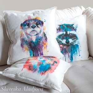 Otter throw pillow cover by Slaveika Aladjova, cushion cover, Decorative Pillow Cover, Animal Art, Watercolor pillow, Christmas gift image 2