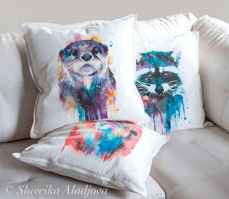 Otter throw pillow cover by Slaveika Aladjova, cushion cover, Decorative Pillow Cover, Animal Art, Watercolor pillow, Christmas gift image 2