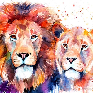 Lion Lioness Love Limited Edition Watercolor Art Print by Slaveika ...