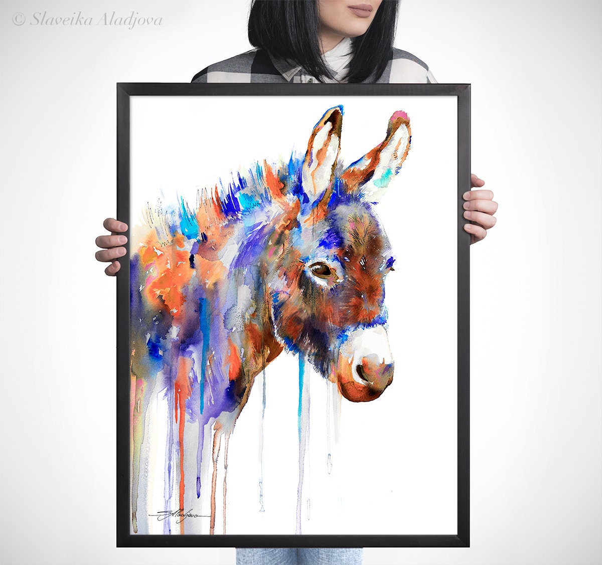 Purple Donkey Watercolor Painting Print by Slaveika Aladjova, Animal ...