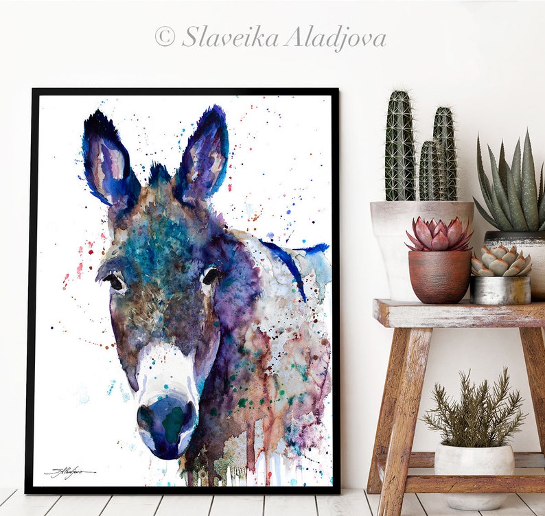Blue Donkey Watercolor Painting Print by Slaveika Aladjova, Art, Animal ...