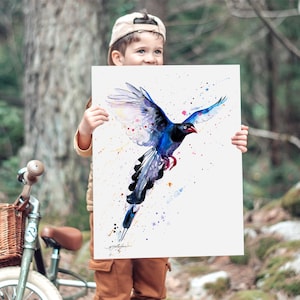 Taiwan Blue Magpie watercolor painting print by Slaveika Aladjova, art, animal, illustration, bird, home decor, wall art, gift, Wildlife