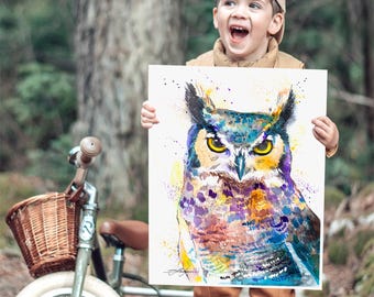 Horned Owl watercolor painting print by Slaveika Aladjova, art, animal, illustration, bird, home decor, wall art, Wildlife, Contemporary
