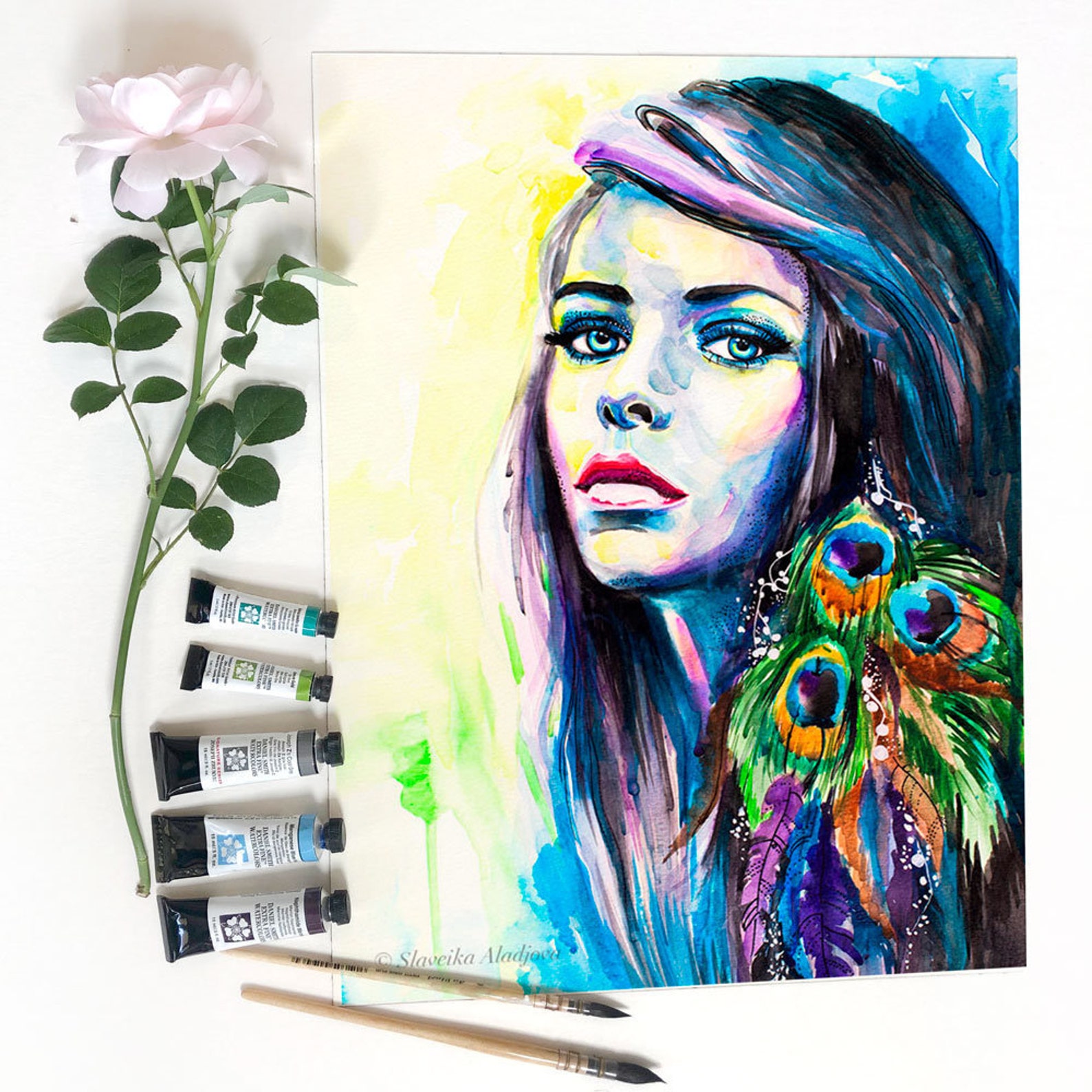 Peacock Girl Watercolor Painting Print by Slaveika Aladjova, Fashion ...