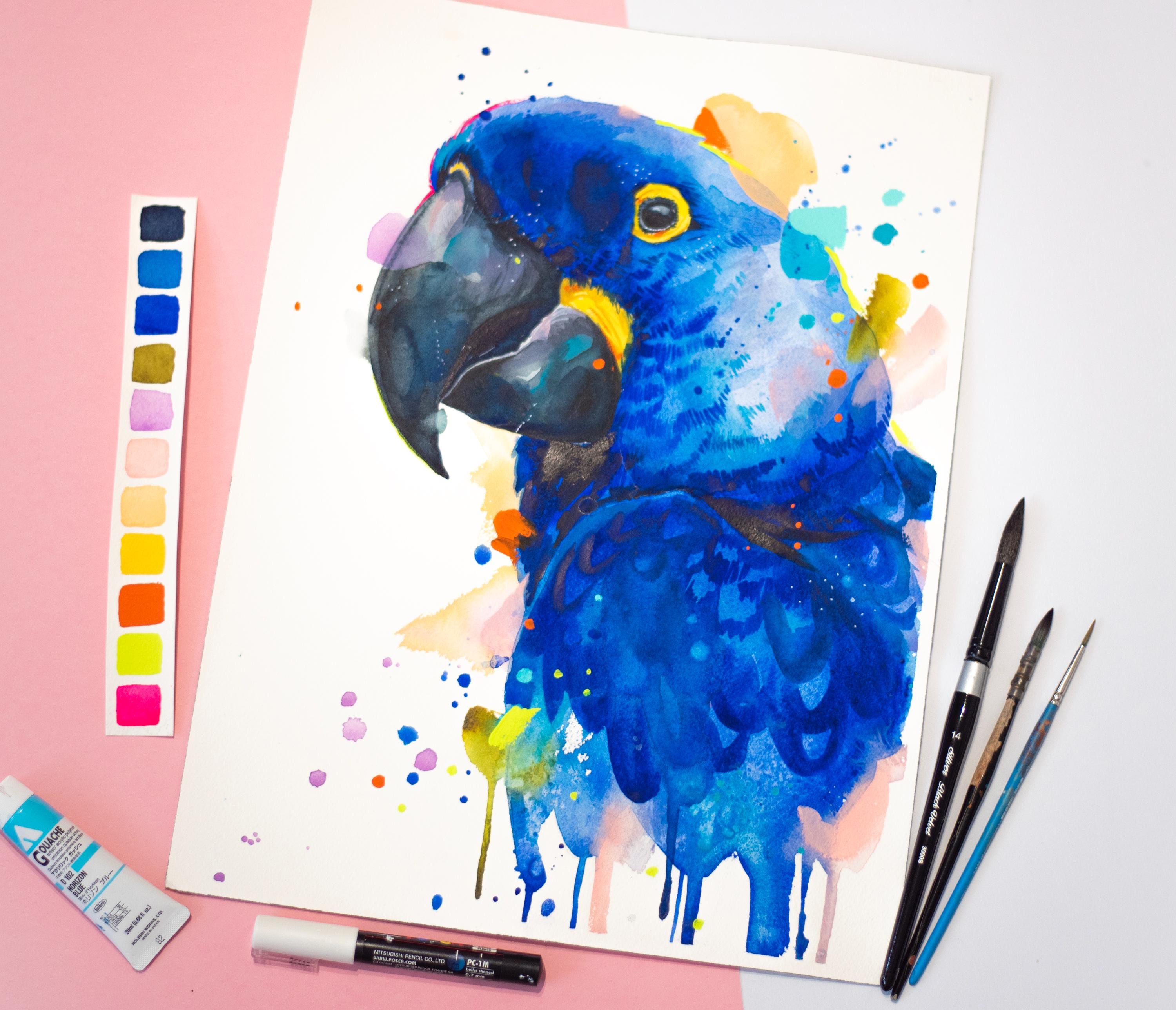 Hyacinth Macaw Parrot watercolor painting print by Slaveika Aladjova, animal, illustration, bird, home decor, wall art, Exotic bird wall art
