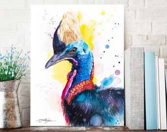 Cassowary watercolor painting print by Slaveika Aladjova, art, animal, illustration, bird, home decor, wall art, Wildlife, Contemporary