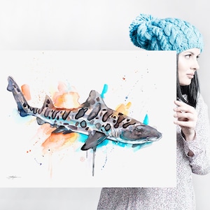 Leopard shark watercolor painting print by Slaveika Aladjova, art, animal, illustration, Sea art, sea life art, home decor, Wall art