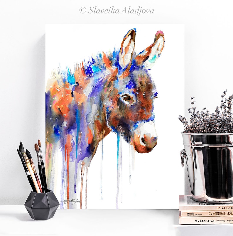 Purple Donkey Watercolor Painting Print by Slaveika Aladjova, Animal ...