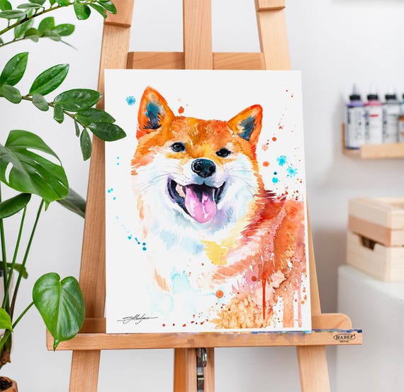 スラヴェイカ・アラジョヴァ作「赤い柴犬」限定版水彩画アートプリント