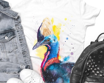Cassowary Parrot T-shirt, Watercolor Bird Art Print, Graphic Tees, Unisex, Women, Kids models, Cotton 100%, Animal,
