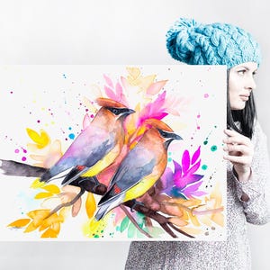 Cedar Waxwings watercolor painting print by Slaveika Aladjova, art, animal, illustration, bird, home decor, wall art, gift, portrait, Flower