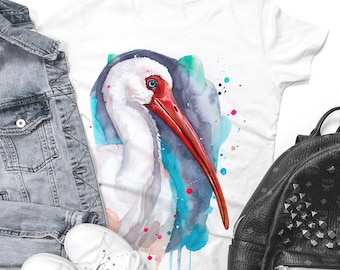 American white ibis T-shirt, Watercolor art print Graphic Tees, Unisex, Women, Kids models, ring spun Cotton 100%, Animal