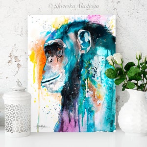 Colorful Chimp Chimpanzee watercolor painting print by Slaveika Aladjova, art, animal, illustration, home decor, Nursery, Wildlife, monkey