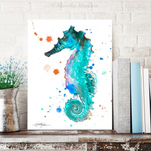 Blue Seahorse watercolor painting print by Slaveika Aladjova, art, animal, illustration, Sea art, sea life art, nautical, ocean art,wall art