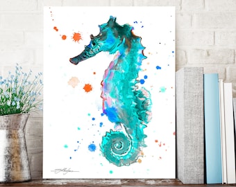 Blue Seahorse watercolor painting print by Slaveika Aladjova, art, animal, illustration, Sea art, sea life art, nautical, ocean art,wall art