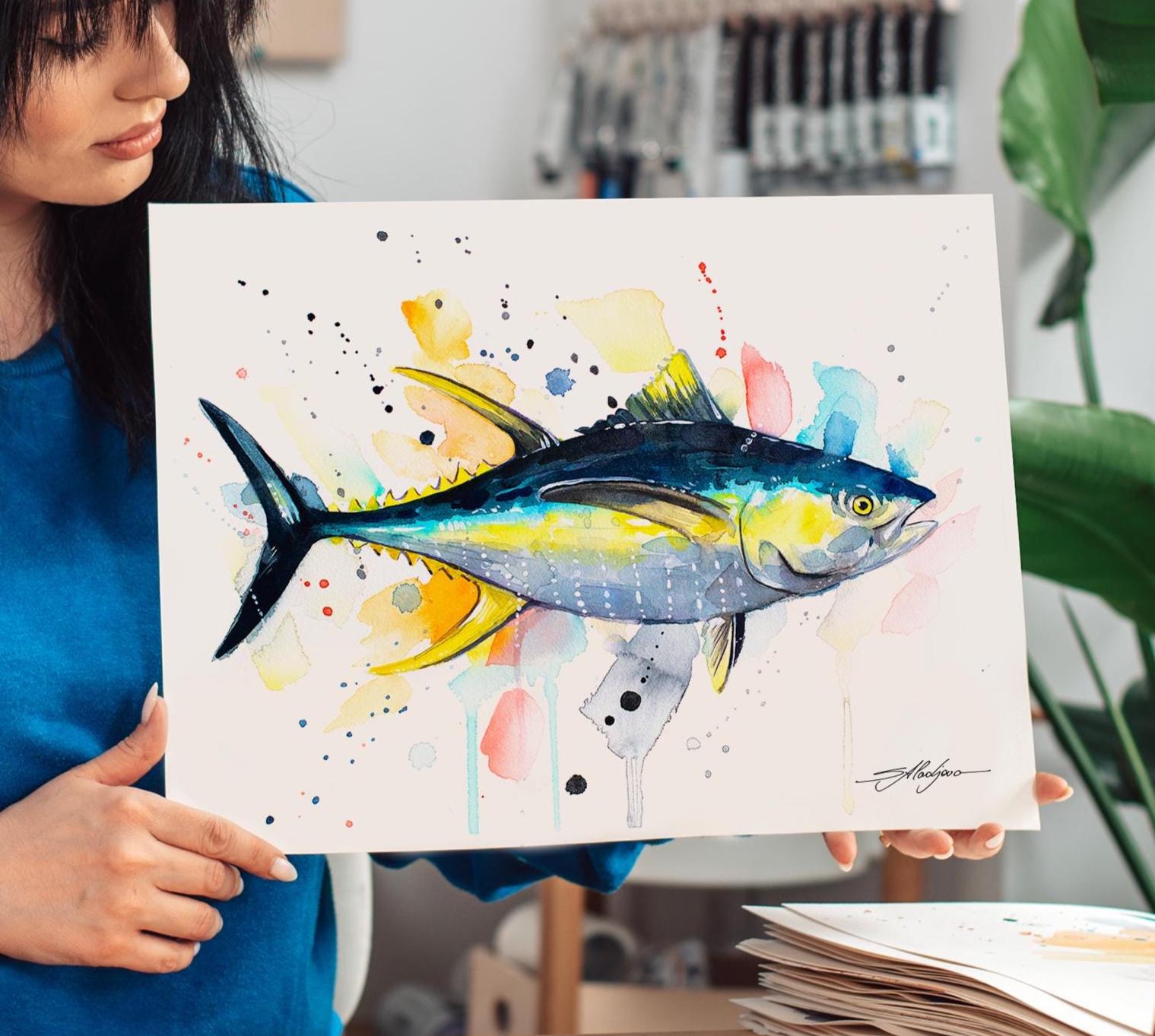 Yellowfin Tuna Limited Edition Watercolor Art Print by Slaveika