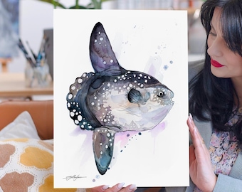 マンボウ、マンボウ、Slaveika Aladjovaによる限定版水彩画アート