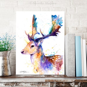 Fallow deer watercolor painting print by Slaveika Aladjova, art, animal, illustration, home decor, wall art, gift, portrait, Contemporary