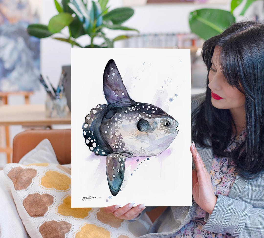 Sunfish, Mola Mola, Ocean Sunfish Watercolor Painting Print by Slaveika ...