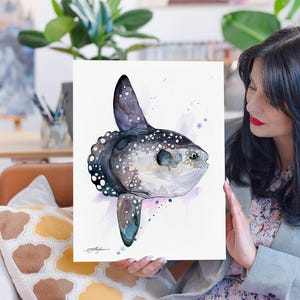 Sunfish, Mola mola, Ocean sunfish watercolor painting print by Slaveika Aladjova, art, animal, illustration, Sea art, fish art, fish print,