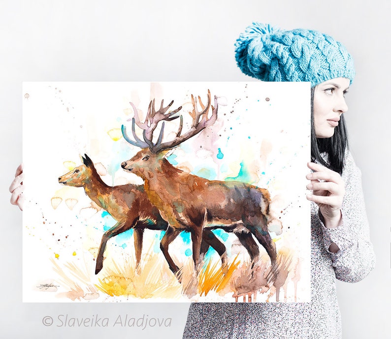 Deer Love Watercolor Painting Print by Slaveika Aladjova, Art, Animal ...