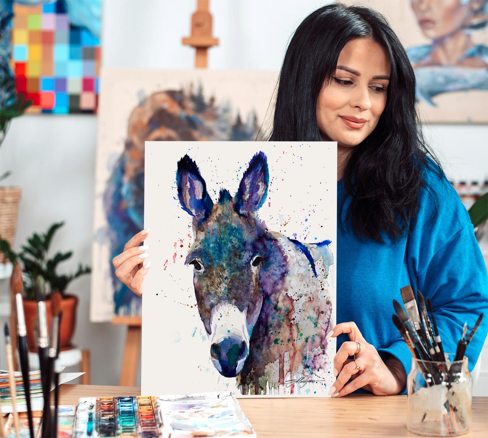 Blue Donkey Watercolor Painting Print by Slaveika Aladjova, Art, Animal ...