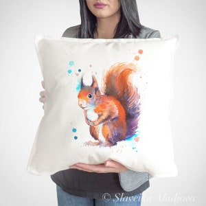 Funda de almohada de ardilla roja by Slaveika Aladjova, funda de cojín, Funda de almohada decorativa, Arte animal, Almohada de acuarela, regalo de Navidad