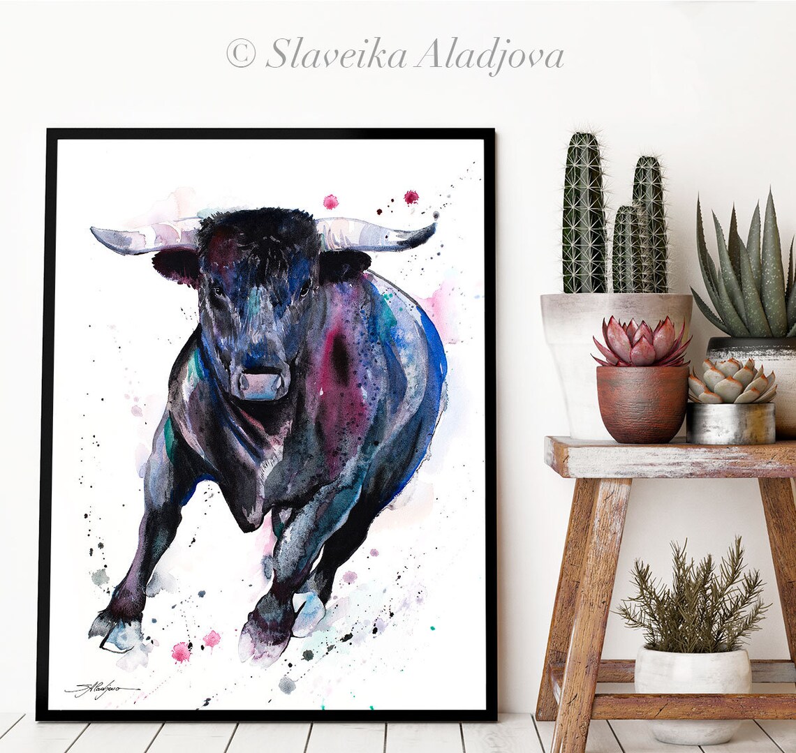 Black Bull Watercolor Painting Print by Slaveika Aladjova, Art, Animal ...