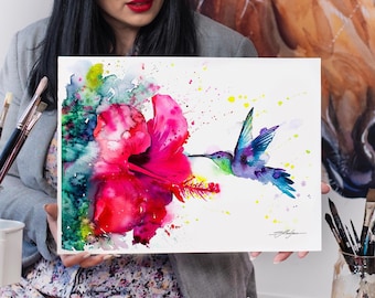 Violetear Hummingbird Limited Edition Watercolor Art Print by Slaveika Aladjova, animal, illustration, bird, painting, Flower, Hibiscus