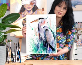 Great blue heron watercolor painting print by Slaveika Aladjova, art, animal, illustration, bird, home decor, wall art, gift, farm