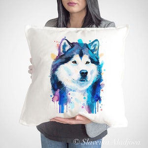 Malamute de Alaska, funda de almohada de perro de Slaveika Aladjova, funda de cojín, funda de almohada decorativa, arte animal, mascota linda, cartel divertido