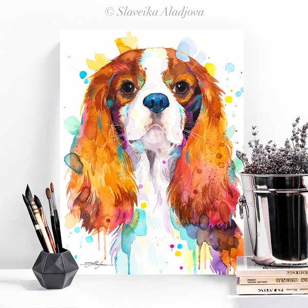 Cavalier King Charles Spaniel, impression d'aquarelle de chien par Slaveika Aladjova, animal, illustration, décoration intérieure, chambre de bébé, contemporain,